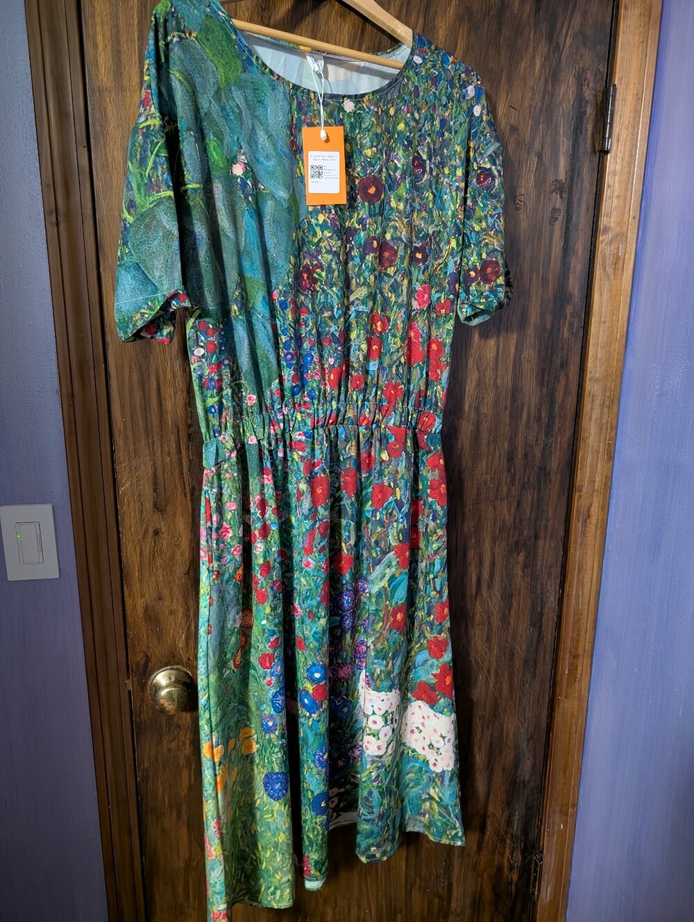 Picasso Inspired Green Floral Midi Dress with Elastic Waistband